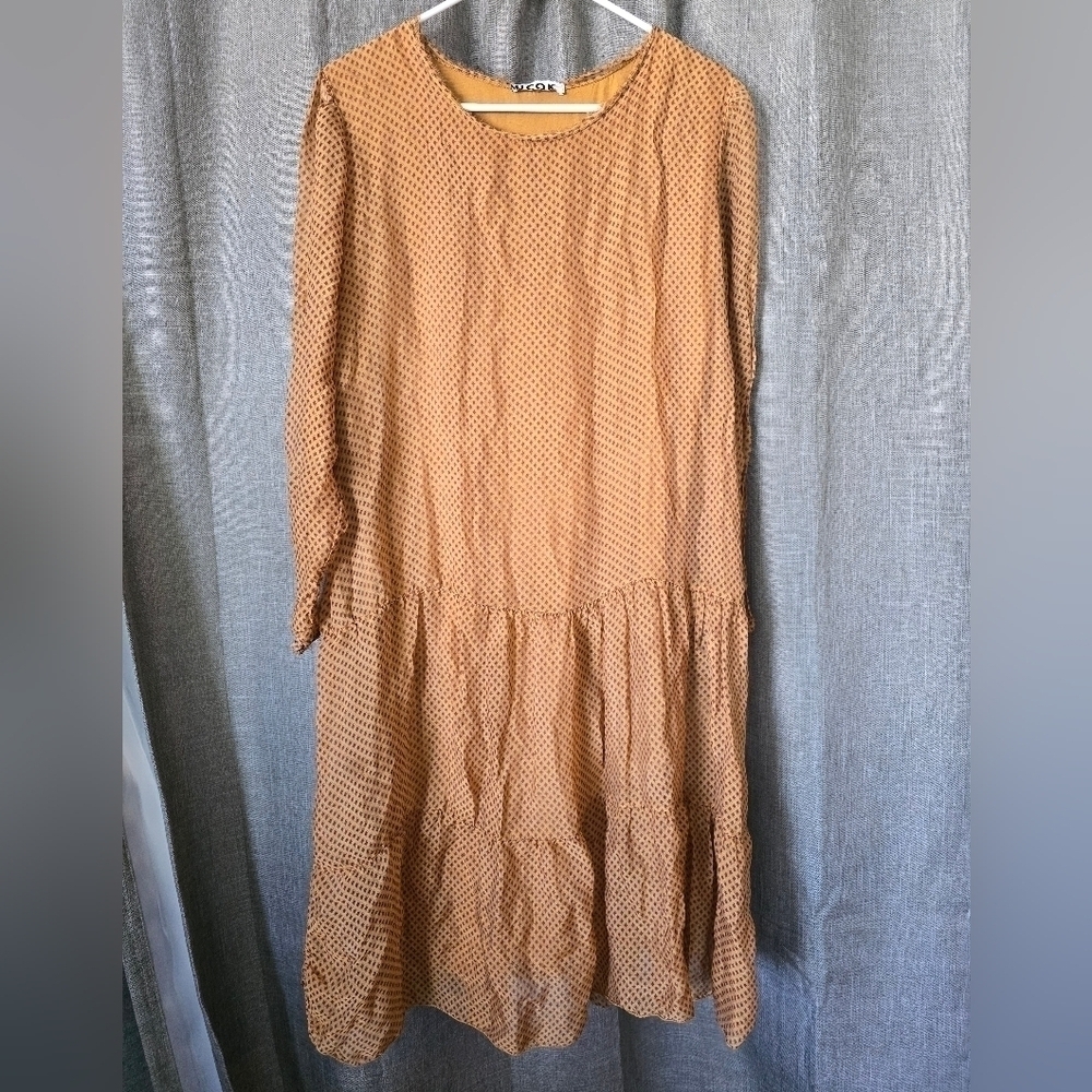 Mico K Italian Silk Tiered Midi Dress Long Sleeve Size M Linned Diamond Print